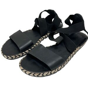 Sorel Ella II Flat Espadrille Sandals Womens 10 Black Elastic Ankle Strap Casual